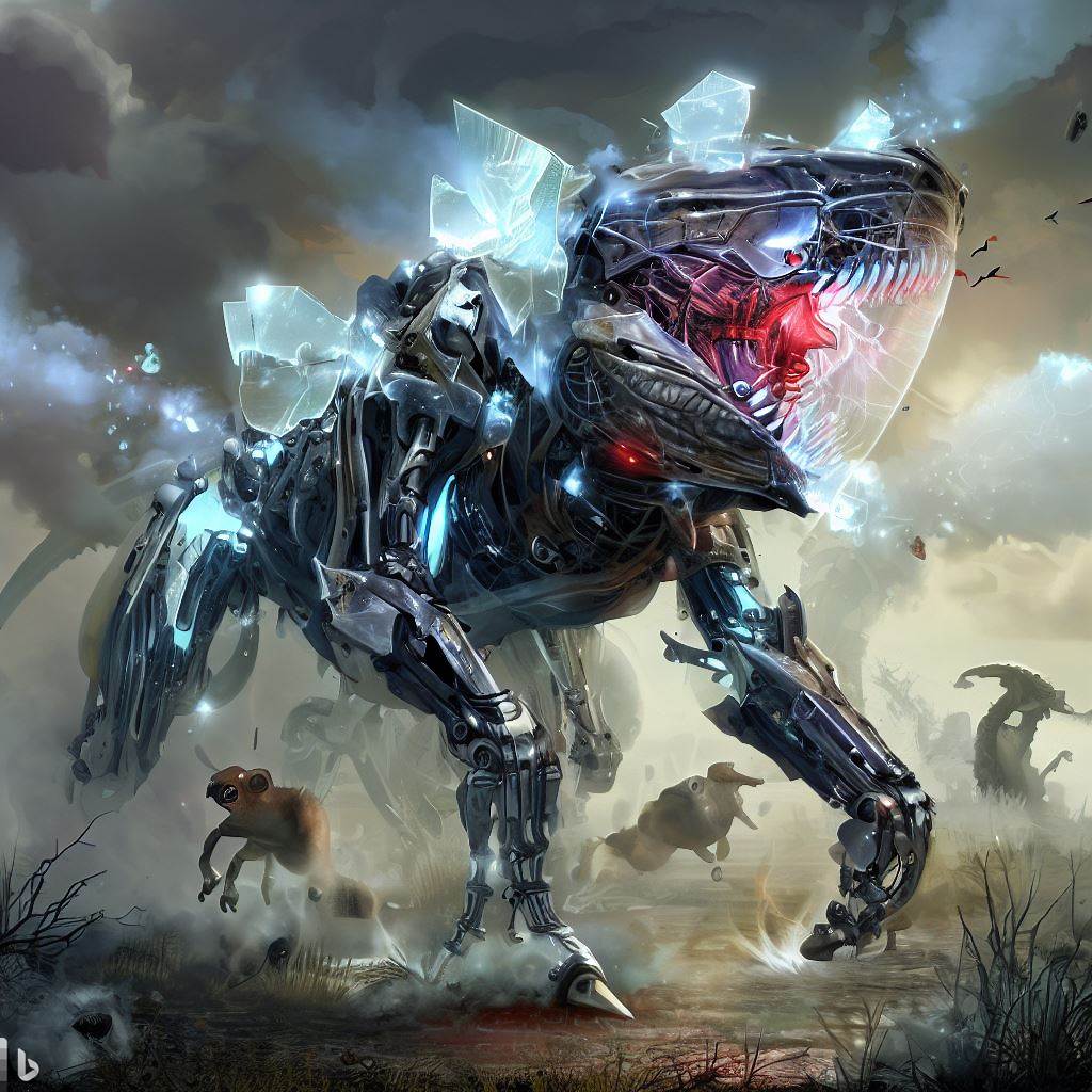 futuristic dinosaur mech with shattered glass body and glowing eyes being hunted while fighting in surreal environment, animals in foreground, detailed smoke and clouds, lens flare, fish-eye lens, realistic h.r. giger .jpg